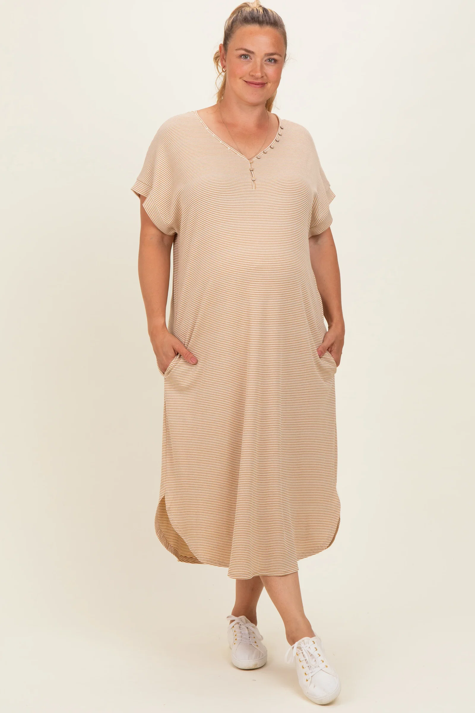 Image of Camel Striped Button Detail Maternity Plus Midi Dress