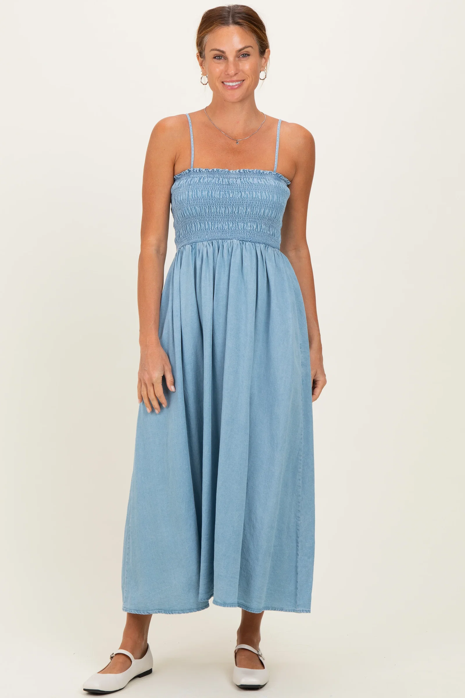 Image of Light Chambray Smocked Midi Dress