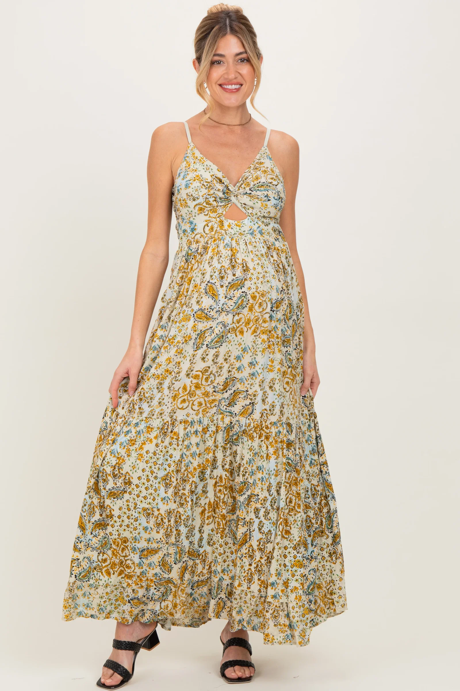 Image of Beige Paisley Floral Twisted Front Maternity Maxi Dress