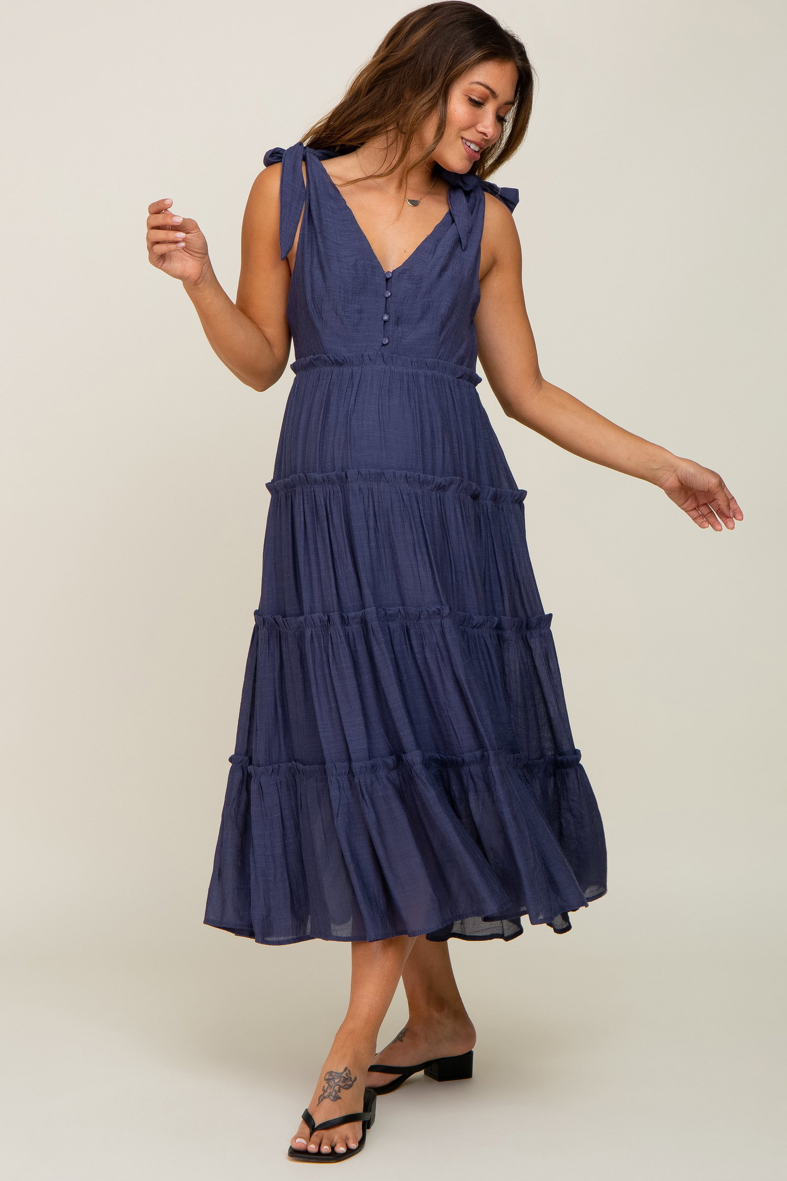 Image of Navy Blue Linen Button Front Shoulder Tie Tiered Maternity Midi Dress