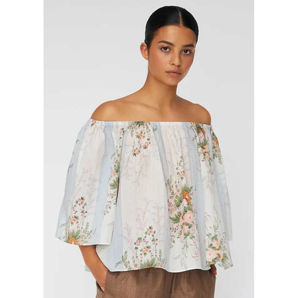 Image of Loose Drop Shoulder Blouse - Creme Flowers