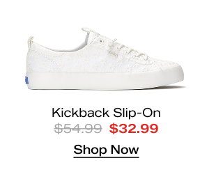 A side view of the Kickback Starburst Eyelet Slip-On in snow white. The style was $54.99 and is now on sale for $32.99. Shop Now.
