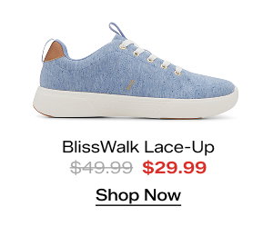 A side view of the BlissWalk Jersey Lace-Up in blue. The style was $49.99 and is now on sale for $29.99. Shop Now.