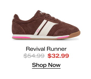 A side view of the Revival Suede/Leather Runner in chocolate/egret. The style was $54.99 and is now on sale for $32.99. Shop Now.