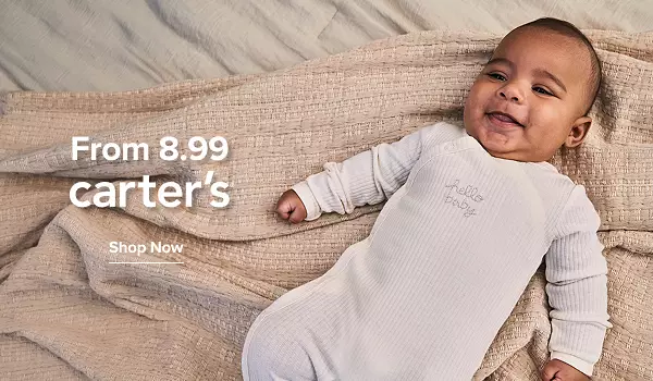 From 8.99 carters. Shop now. A baby in a onesie.