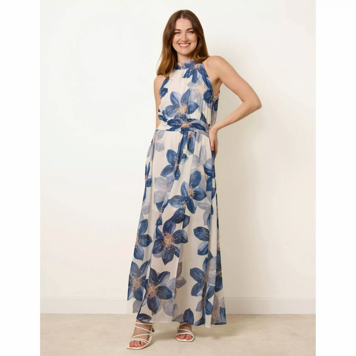 Blue Vanilla Blue Vanilla Floral Print Halter Neck Occasion Dress in Navy