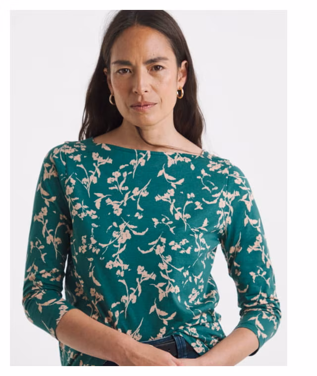 Green Print Slash Neck 3/4 Sleeve Top