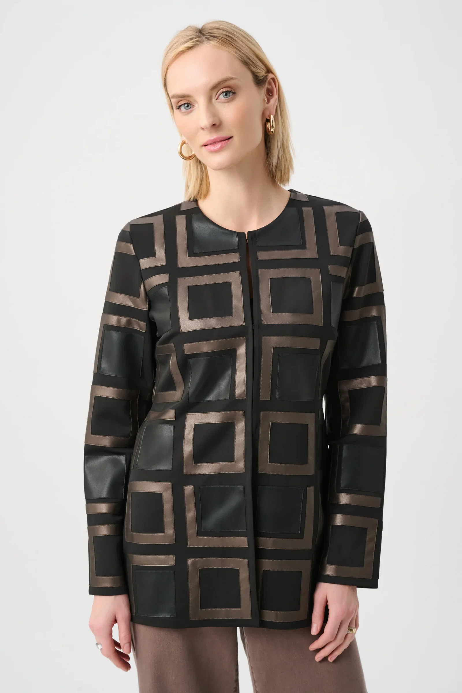 Image of Leatherette and Scuba Collarless Two-Tone Jacket Style 263963