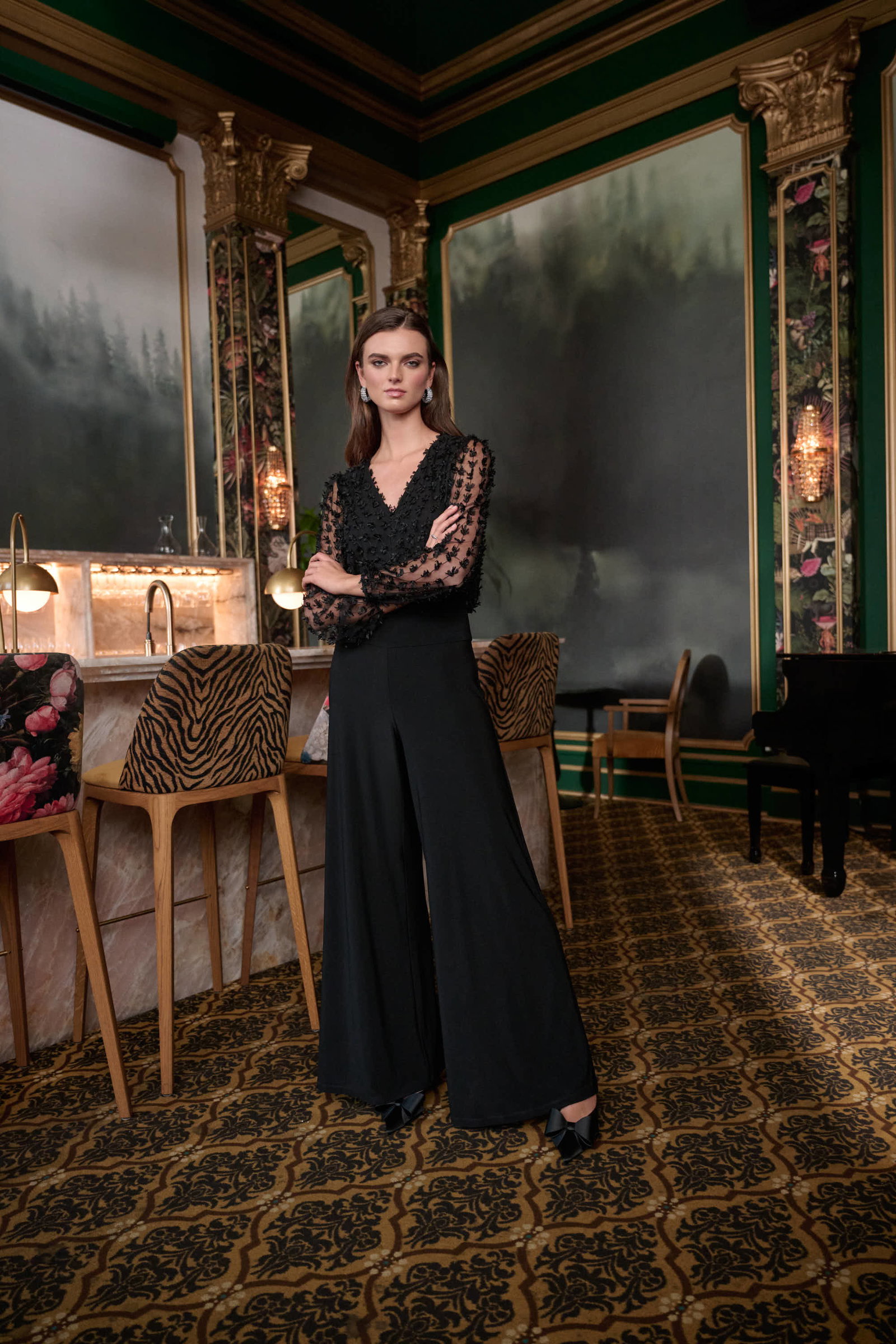 Image of Silky Knit and Sheer Novelty Wide Leg Jumpsuit Style 263723