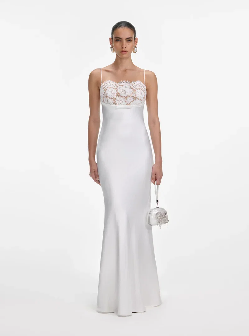 WHITE SATIN LACE MAXI DRESS