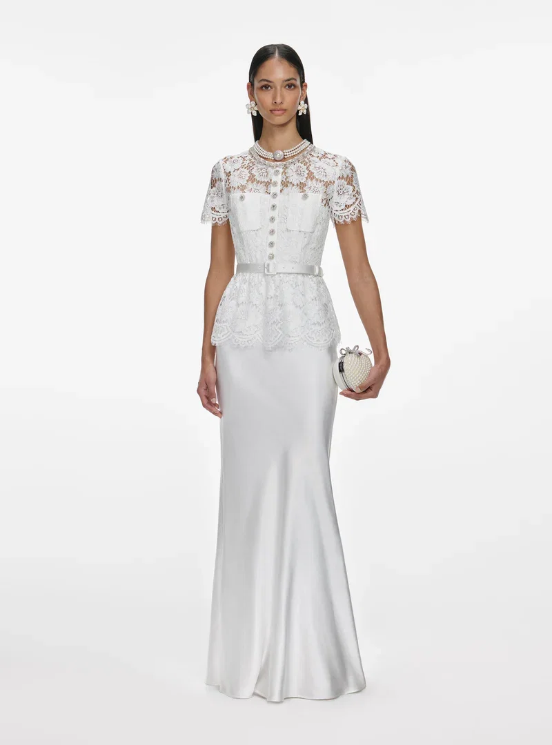 WHITE LACE SATIN MAXI DRESS