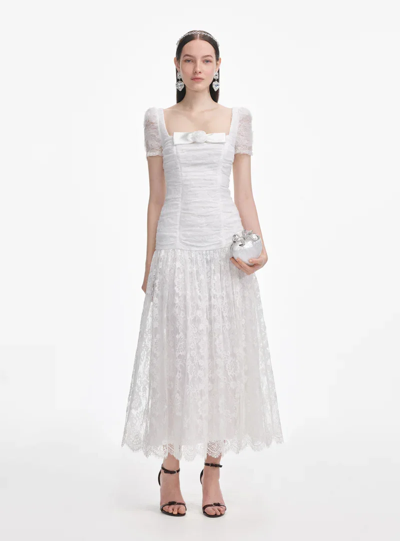 WHITE TULLE LACE GATHERED MIDI DRESS