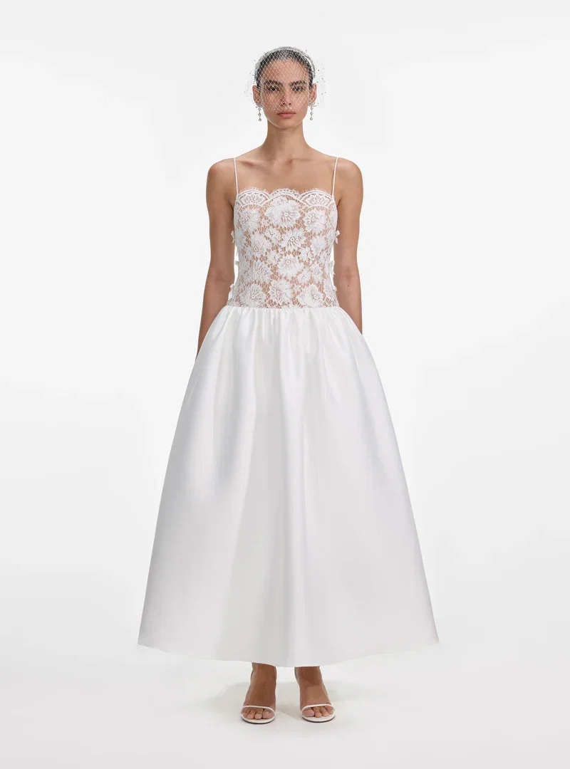 WHITE LACE TAFFETA MAXI DRESS
