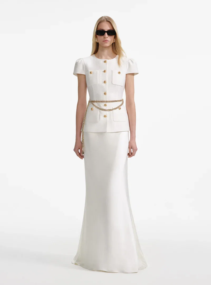 CREAM TAFFETA CHAIN BELT MAXI DRESS