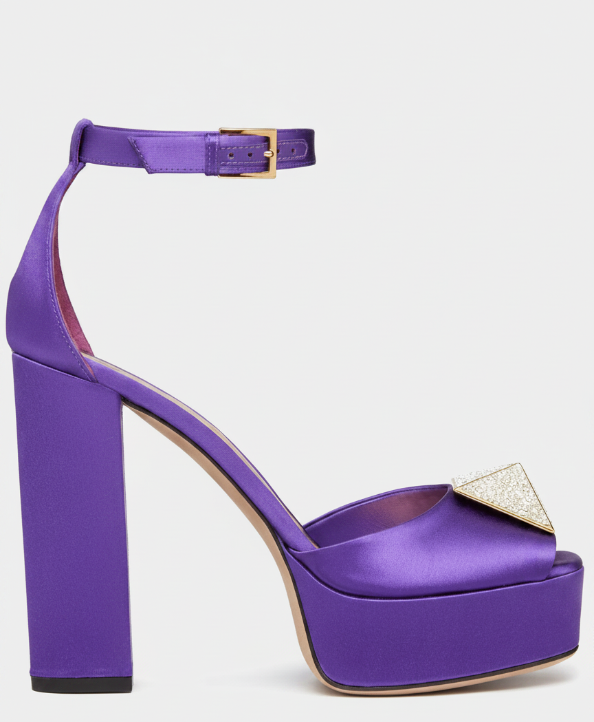 A purple satin platform sandal with a gold buckle ankle strap and a crystal-embellished triangular detail.