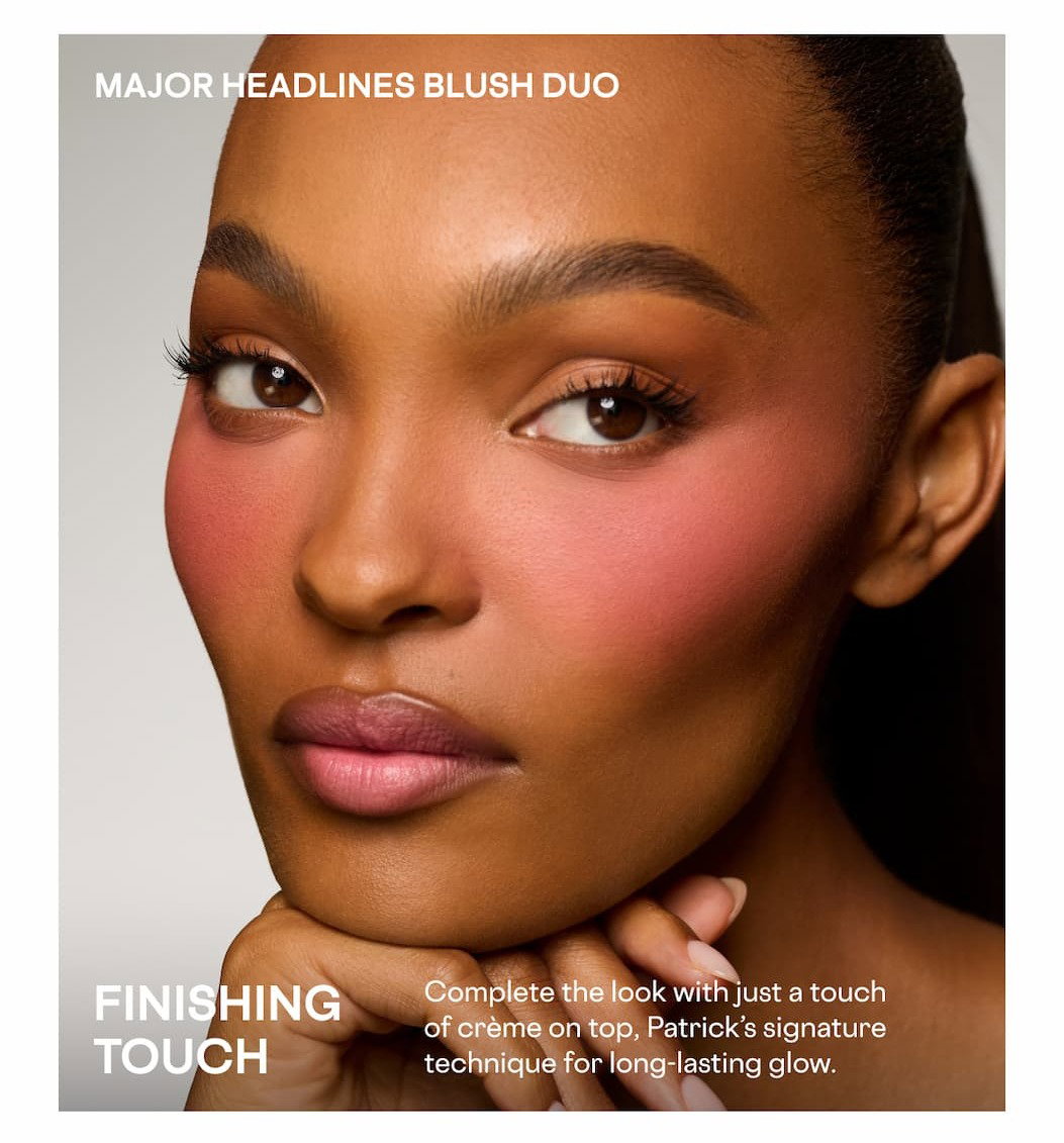 Patrick Ta Transition Blush collection featuring model holding blush duo and liquid blush