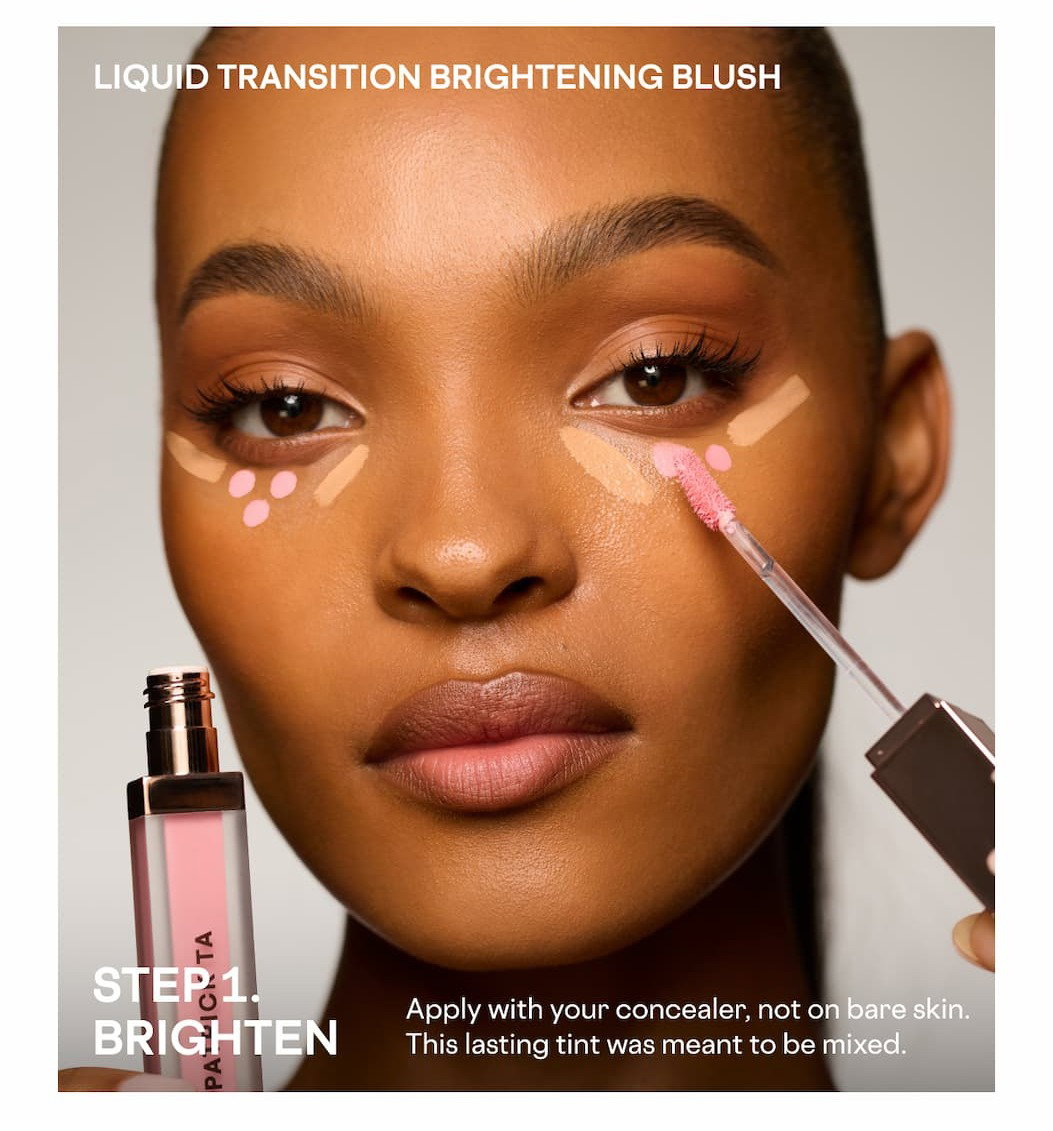 Patrick Ta Transition Blush collection featuring model holding blush duo and liquid blush