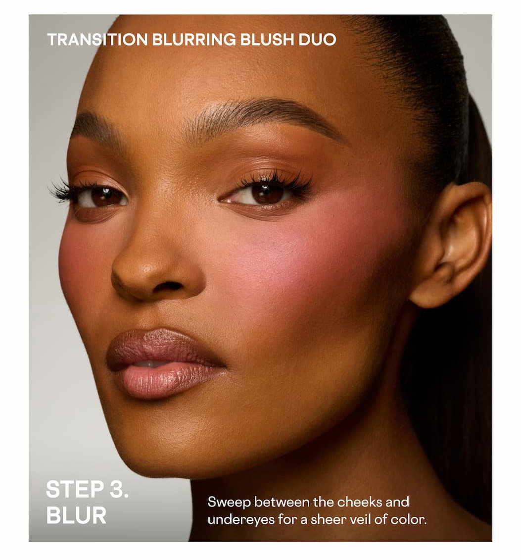 Patrick Ta Transition Blush collection featuring model holding blush duo and liquid blush