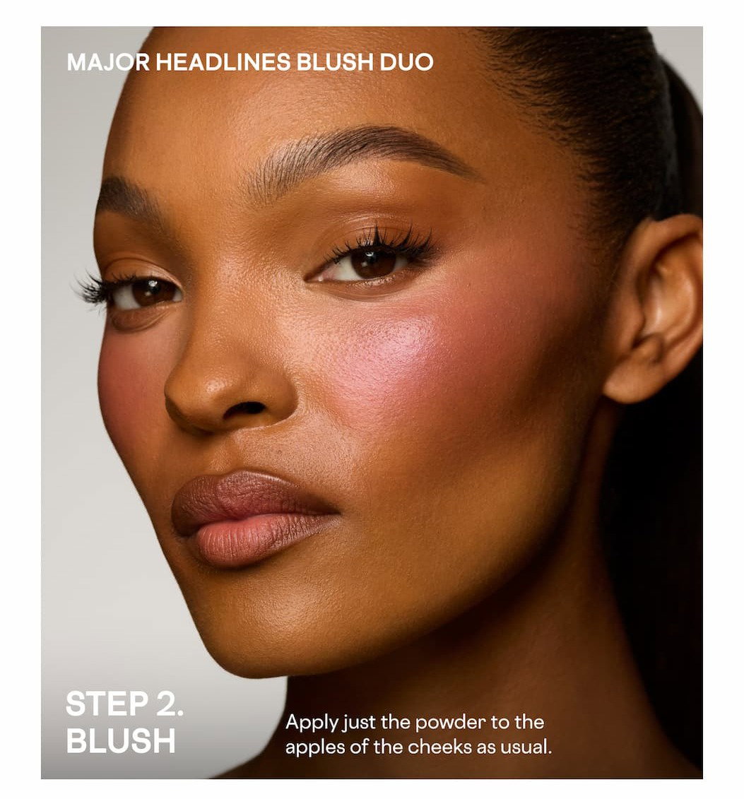 Patrick Ta Transition Blush collection featuring model holding blush duo and liquid blush