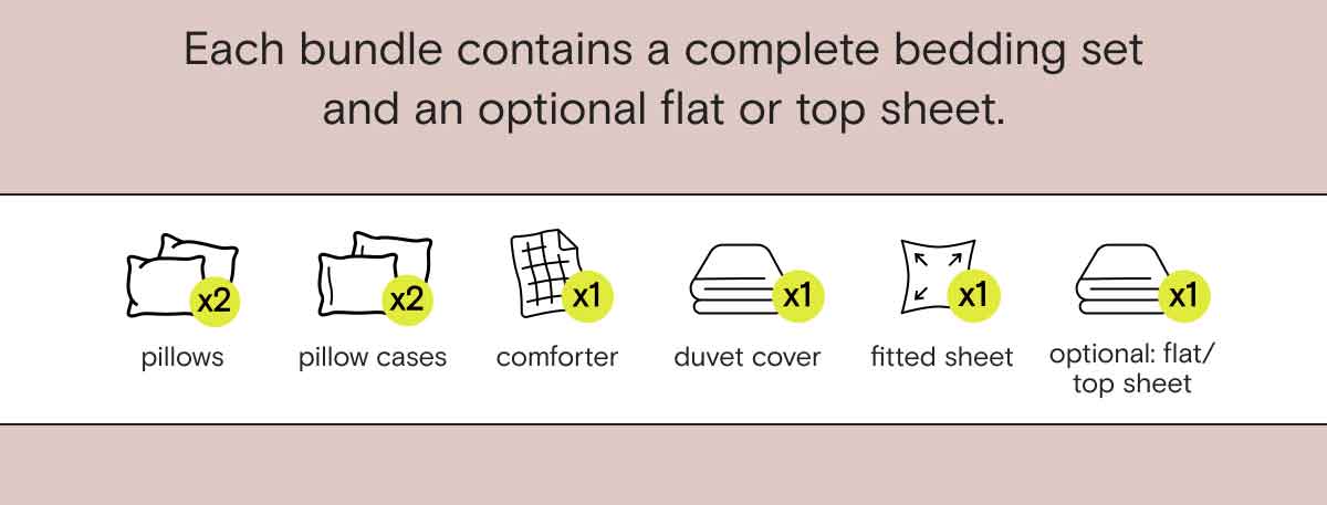 Each bundle contains a complete bedding set and an optional flat or top sheet.