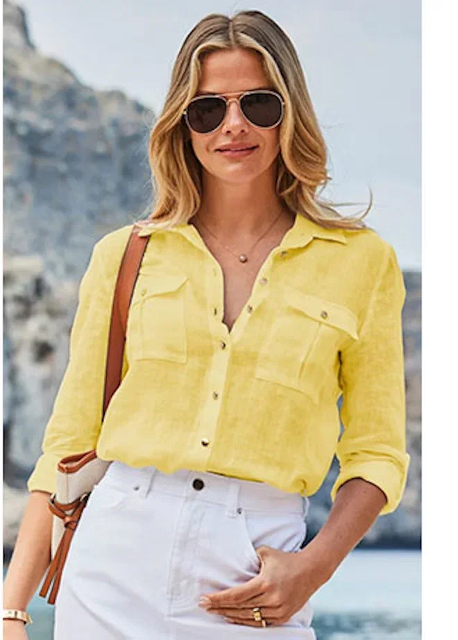Yellow Pocket Detail Linen Blend Utility Shirt