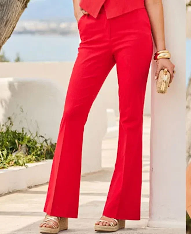 Red Linen Blend Kick Flare Trousers