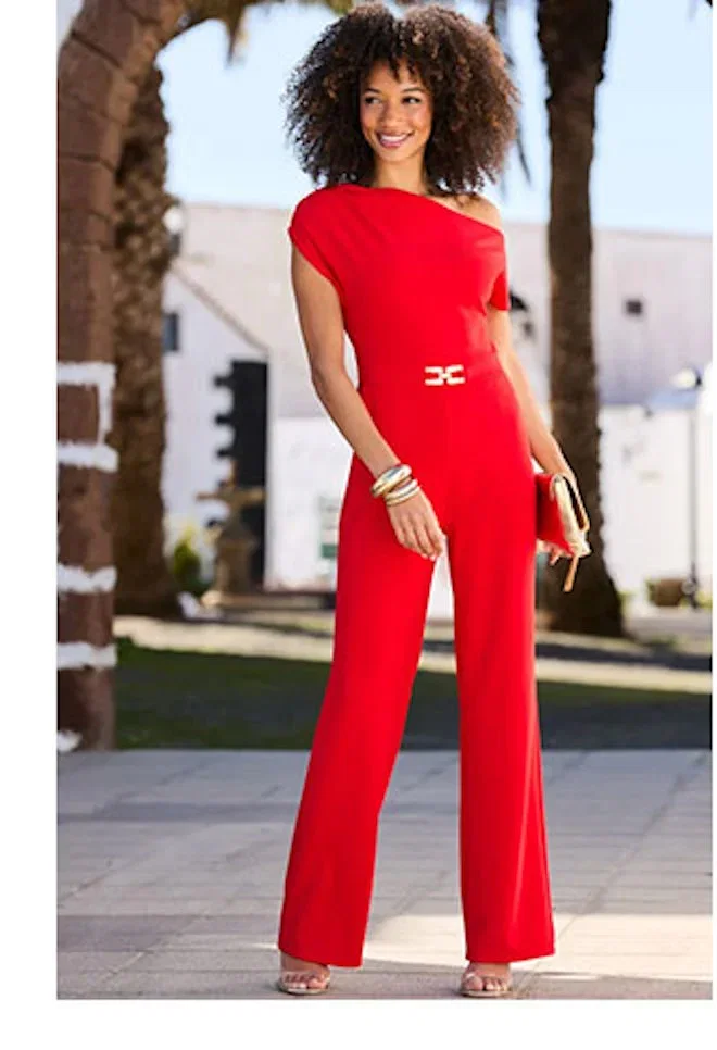 Red Asymmetric One Shoulder Jumpsuit