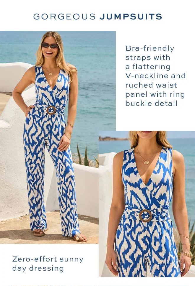 Blue & White Aztec Print Belted Wrap Jumpsuit
