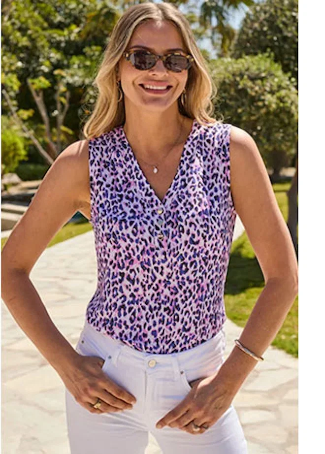 Purple Animal Print Button Sleeveless Top