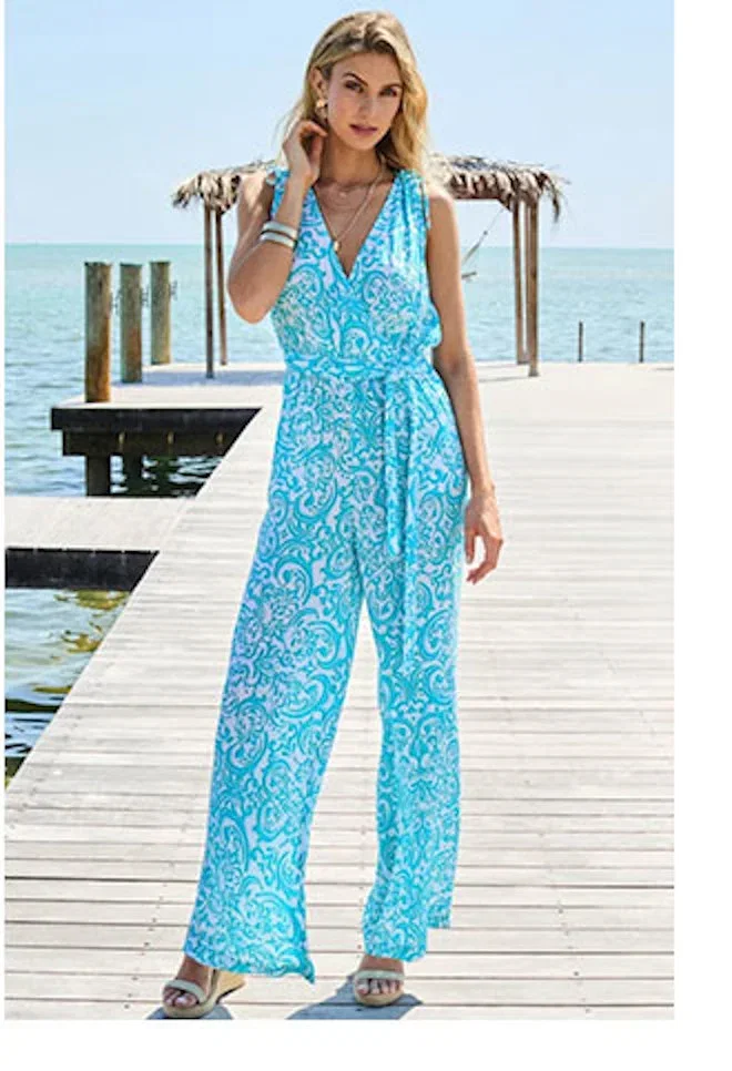 Aqua Blue Baroque Print Tie Waist Jumpsuit