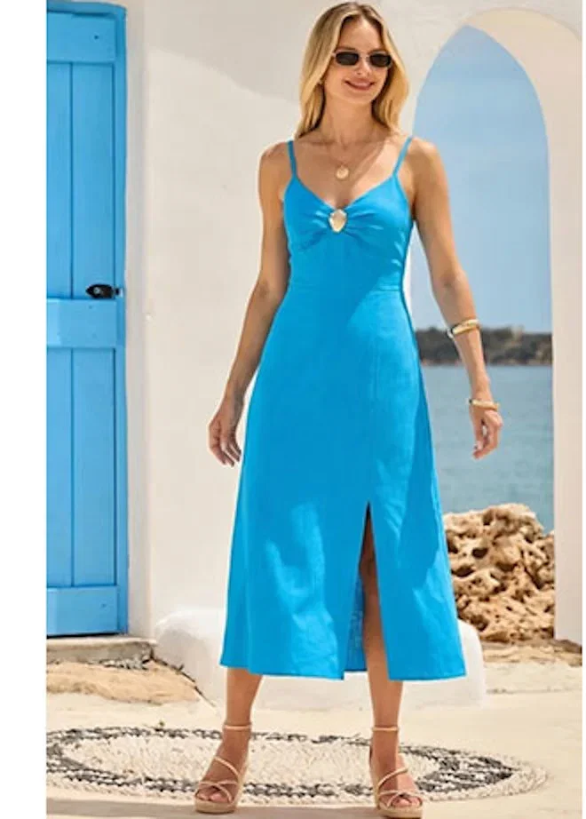 Blue Linen Blend Midi Dress With Split Hem