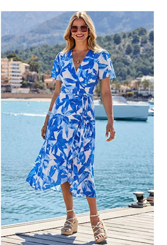 Blue & White Floral Print Ruffle Hem Wrap Dress