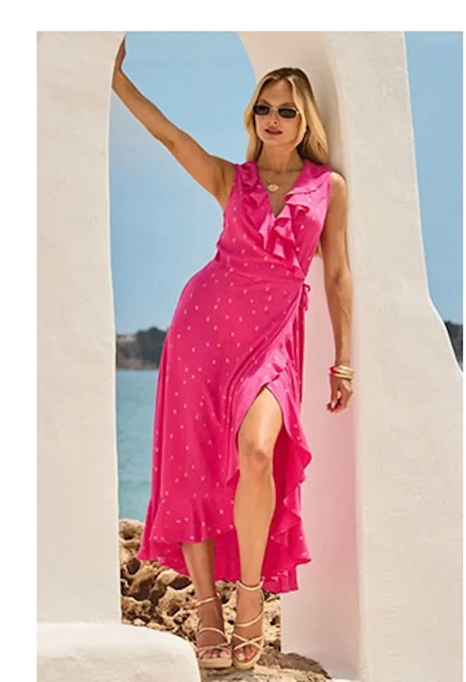 Pink & Gold Metallic Fleck Print Wrap Dress