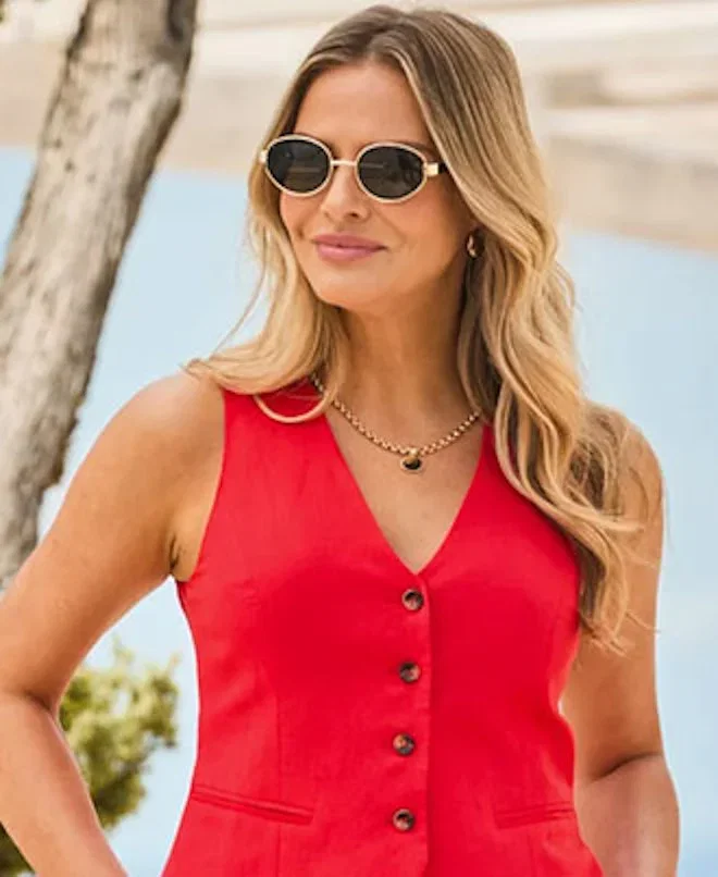 Red Linen Blend Waistcoat