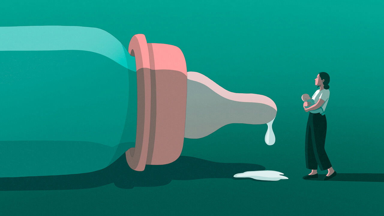 Illustration of a woman holding a baby in her arms. A milk bottle is facing her, with milk dripping out of it.