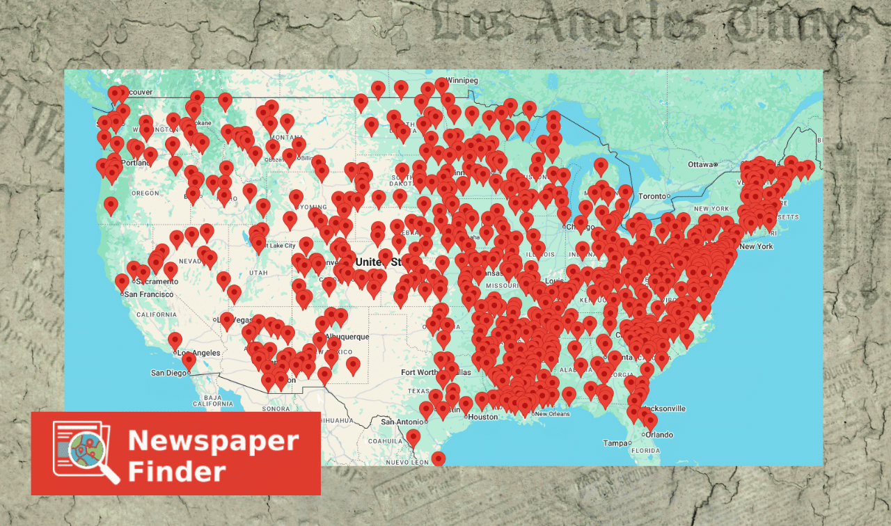 A map of the United States covered with red location pins, labeled "Newspaper Finder" in a red box at the bottom left.