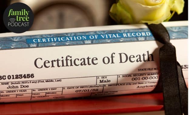 A rolled certificate of death with a black ribbon and a white rose, partially showing the name "John Doe" and details, with the "Family Tree Podcast" logo in the corner.