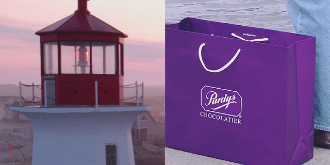 A split image of a lighthouse and a Purdys Chocolatier shop bag