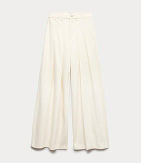 High Waisted Pleated Palazzo Jeans in Ecru