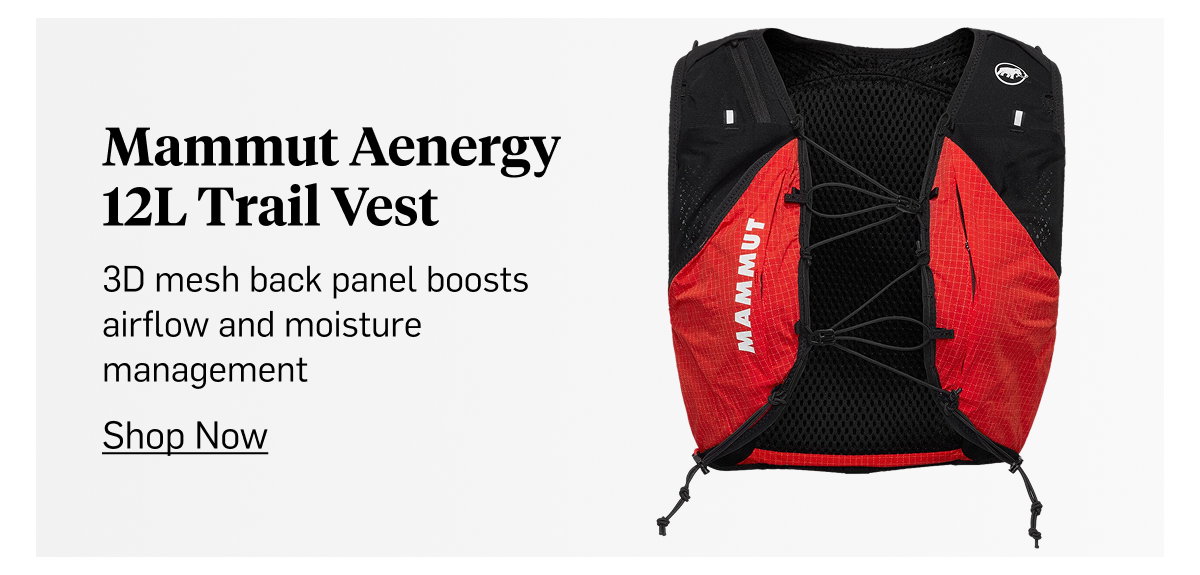 Mammut Aenergy 12L Trail Vest — 3D mesh back panel for airflow and moisture management. Shop Now!