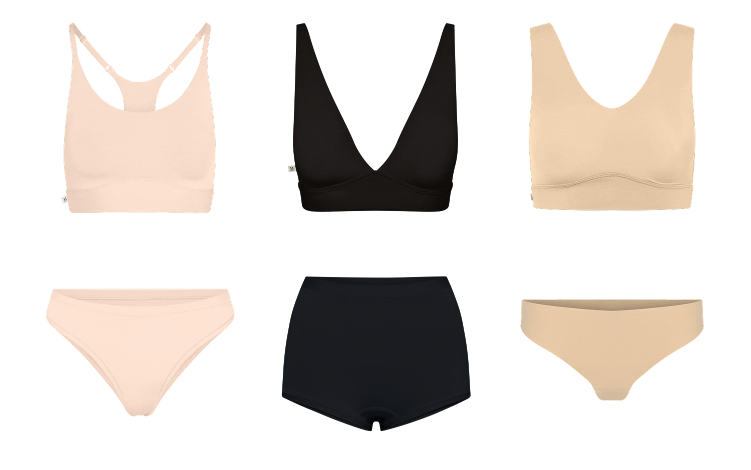 Flat lay silhouettes showcasing the range of styles and colors available in the Bliss collection.