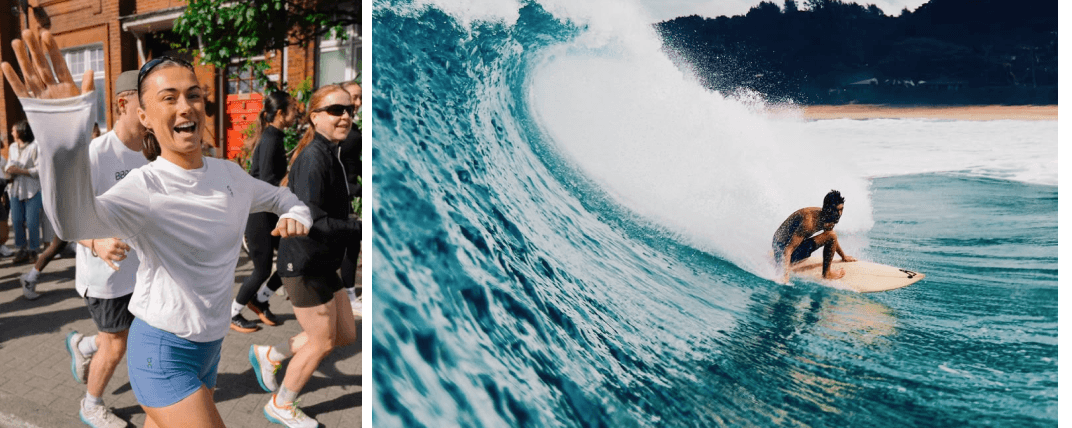 A group of runners and a surfer riding a wave