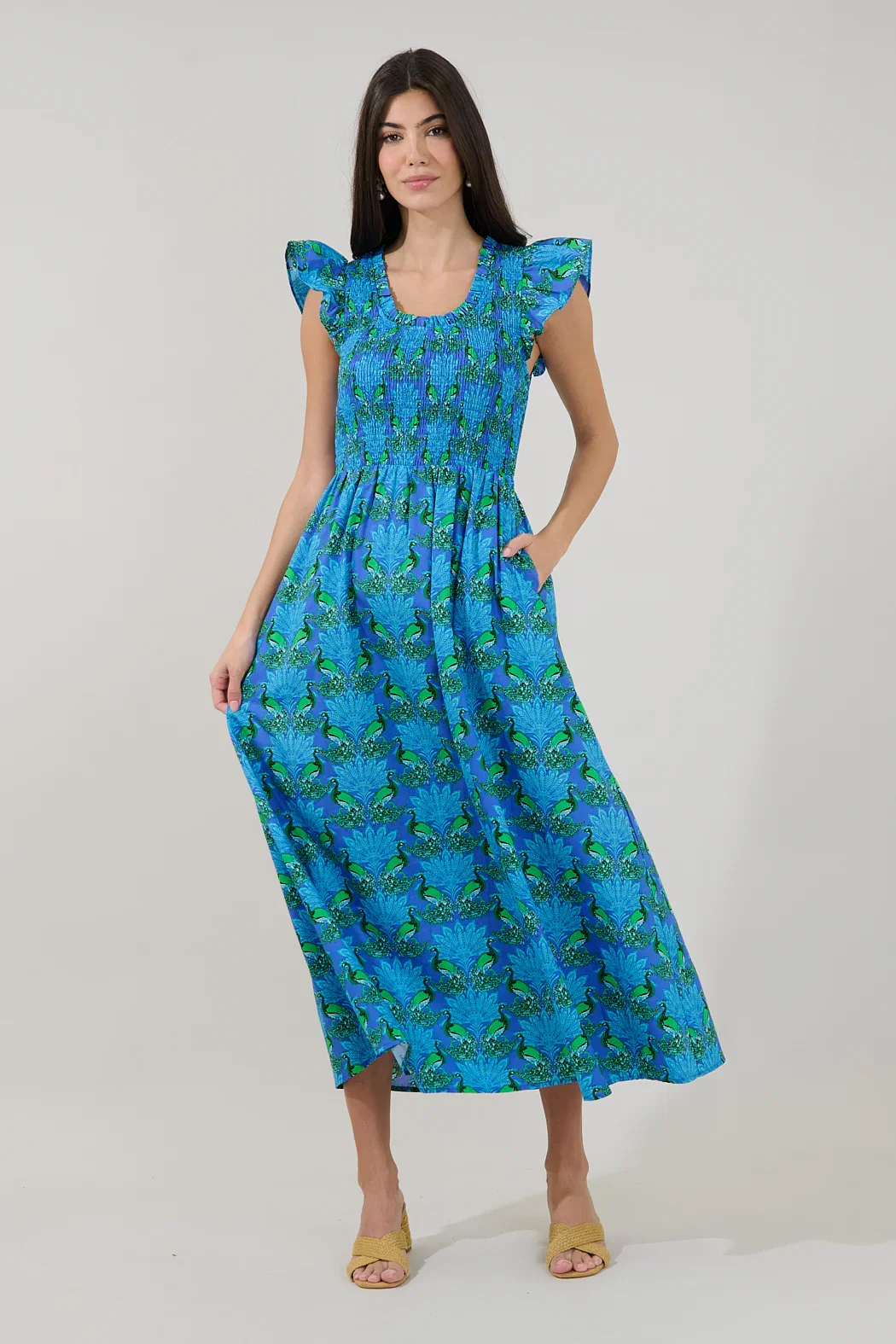 Image of Sherly Smocked Midi Dress Peacock