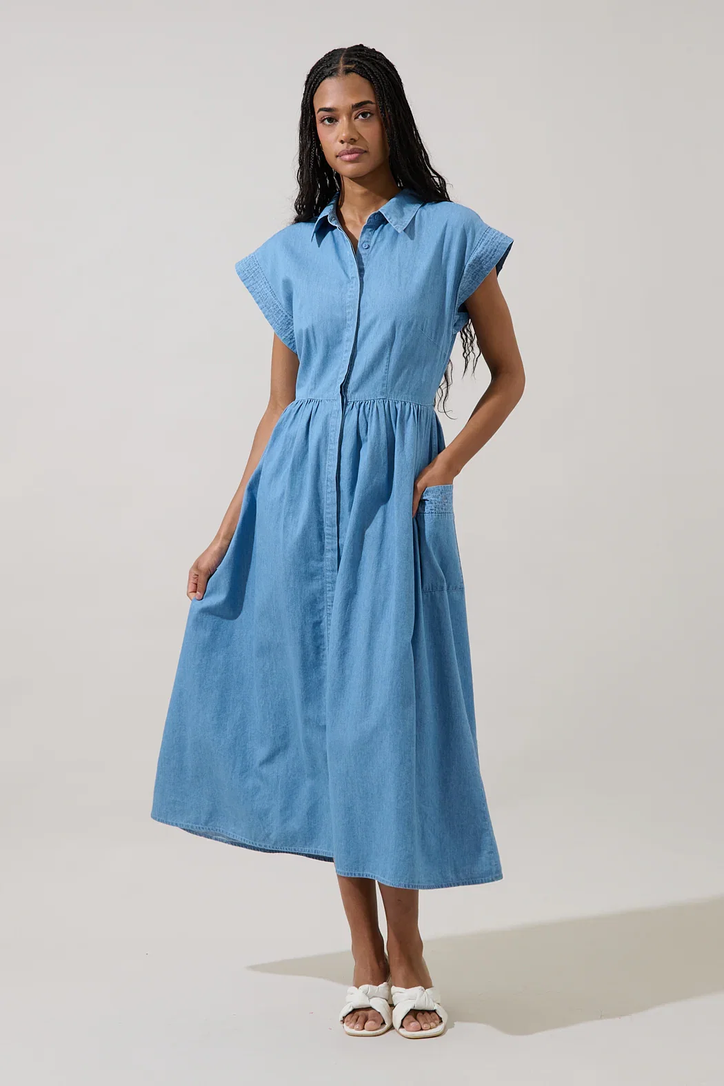 Image of Grenola Button Up Collared Midi Dress Denim