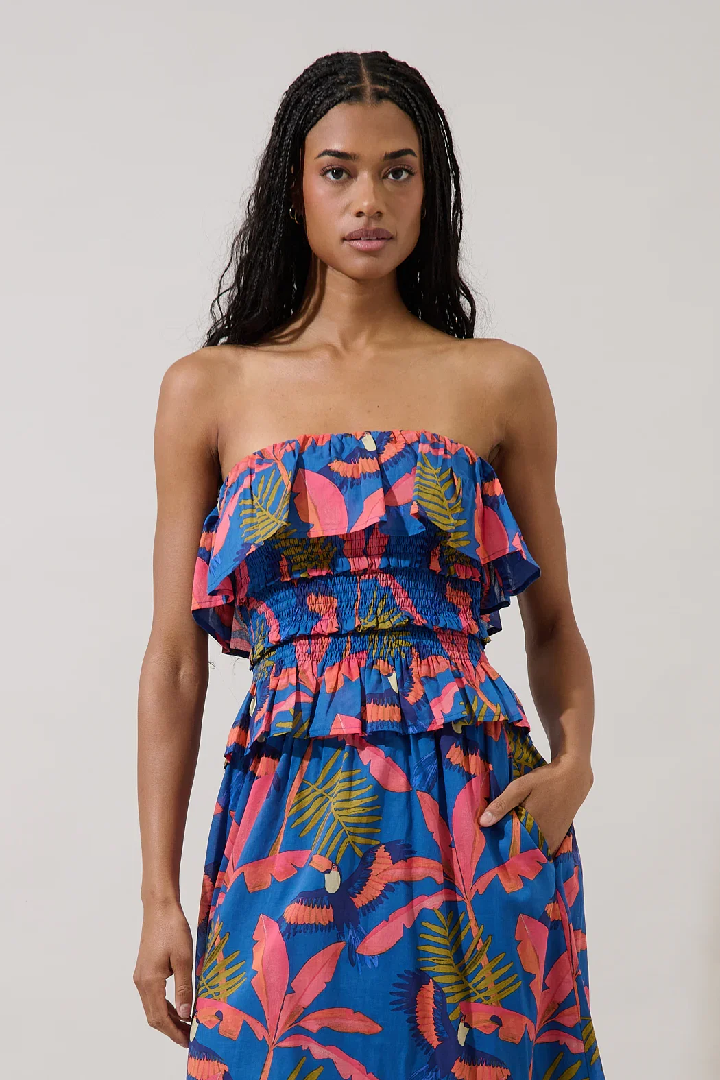 Image of Camile Strapless Smocked Top Tropical