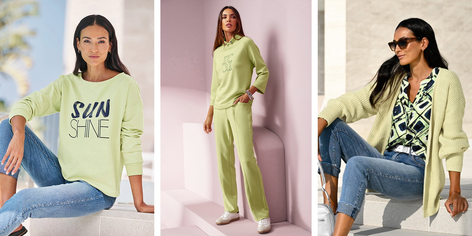 Een model draagt drie verschillende outfits met lichtgroene bovenkleding: links sweatshirt met 'SUNSHINE'-tekst, midden bijpassend trainingspak, rechts gebreid vest over een patroon blouse.