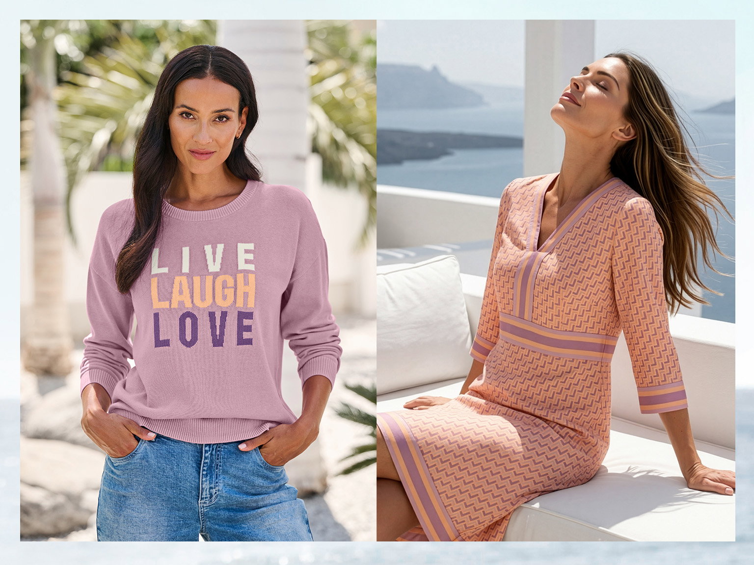 Een model draagt links een lichtpaarse trui met de tekst 'LIVE LAUGH LOVE' en blauwe jeans, rechts een lichtoranje gebreide jurk met V-hals en driekwartmouwen.