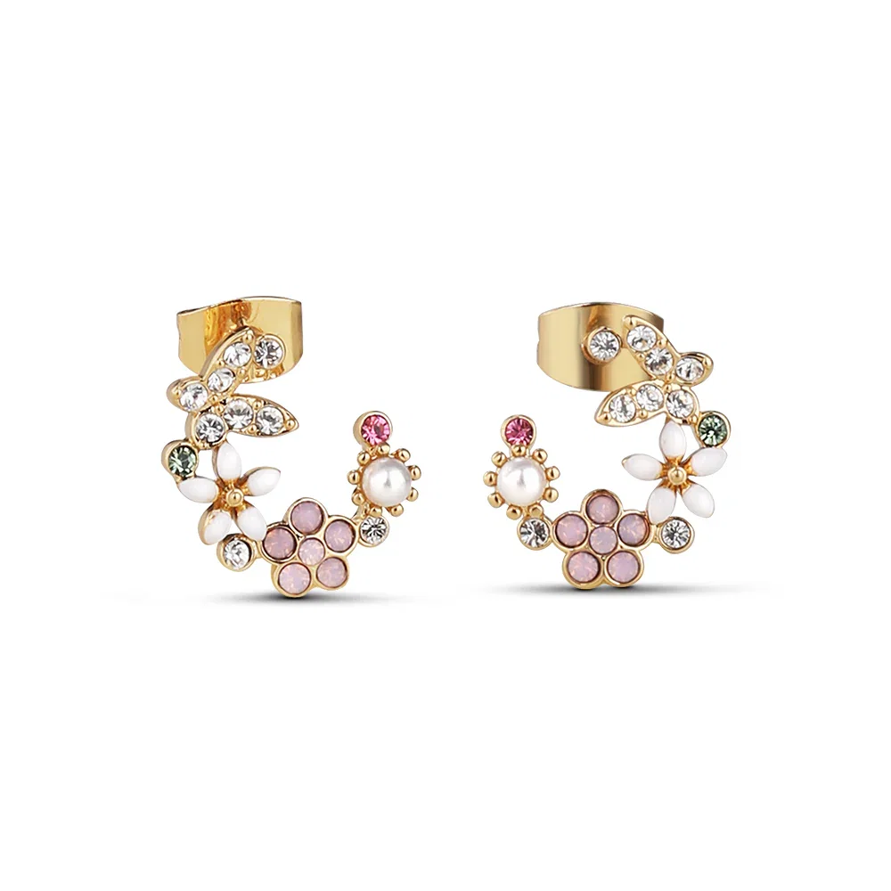Image of Gold Plated Pink & Green Floral Butterfly Earrings