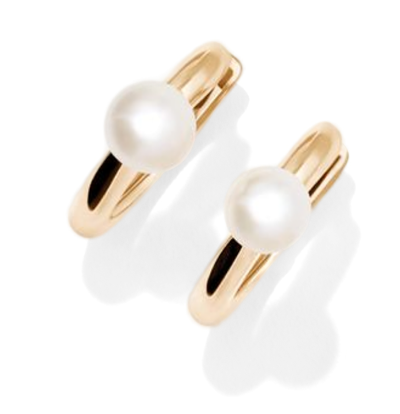 Yellow gold hoop earrings with round white pearls.