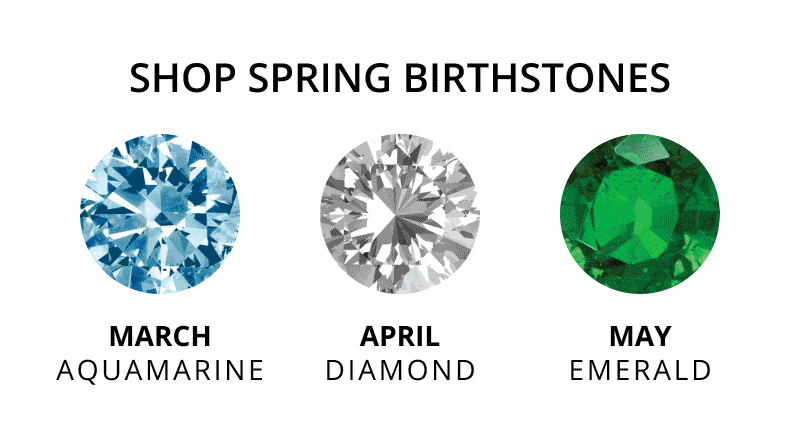 Rotating GIF featuring  gemstones by color and birth month. Shop spring birthstones. Click shop all.